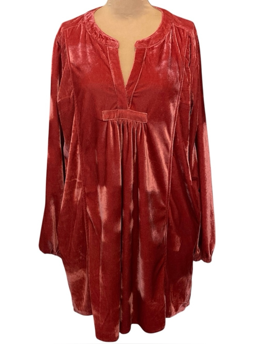 Swingy Velvet Deep Coral Tunic Dress with Pockets by Easel